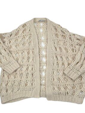 Zara Oversized White Open Knit Cardigan Sz M/L Wool Alpaca Coastal Boho Chic